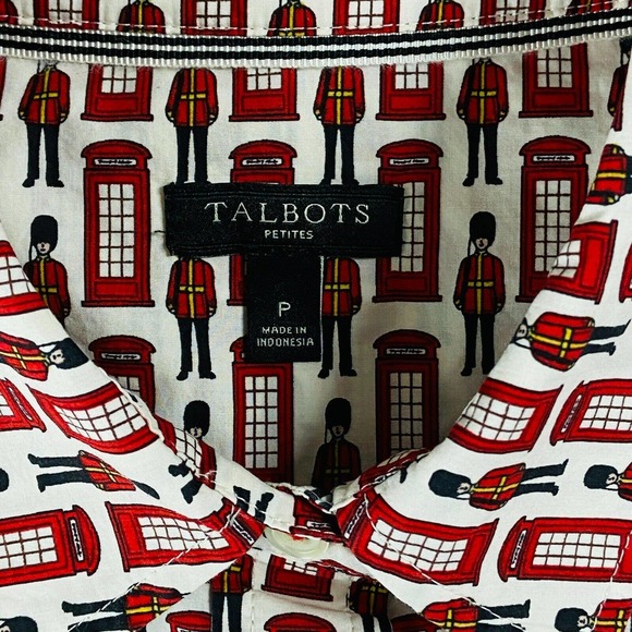 Talbots Petite Shirt White Red Telephone Box British Guards Button Up AS10 - Picture 3 of 5
